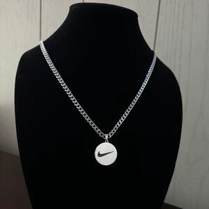 Nike Necklace - Nike Circle Pendant - Silver Plated - 5mm Cuban 22" Chain Easter